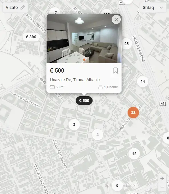 Map preview of KaKtu listings across Albania